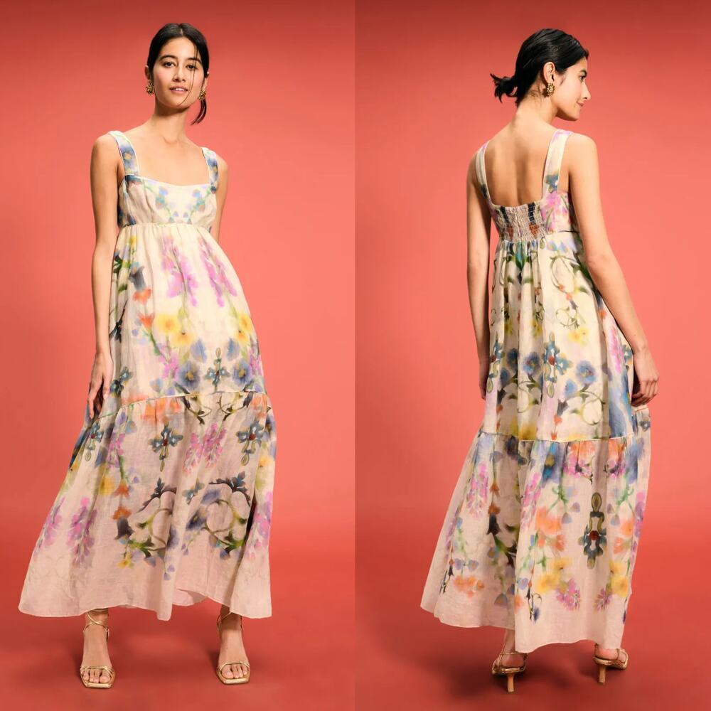 Marchesa Rosa Ramie Dress Floral Sleeveless Tiered Maxi Trapeze Multicolor 2